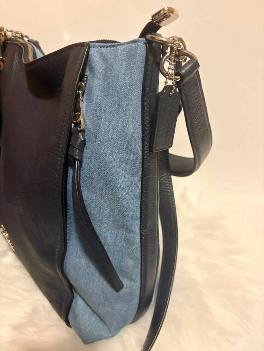 Coach Hallie Denim Pebbled Leather Convertible Shoulder Crossbody Bag Blue
